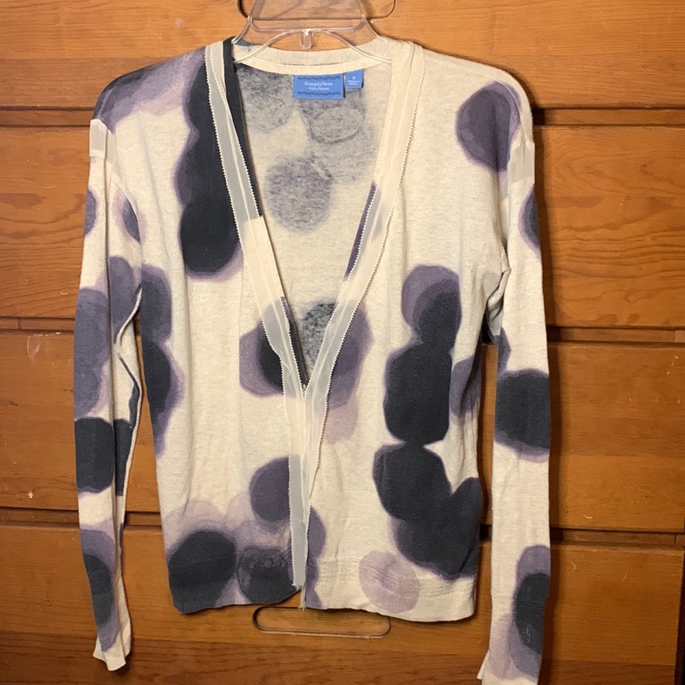 Simply Vera By Vera Wang cream and purple color splash cardigan. 100% cotton.
